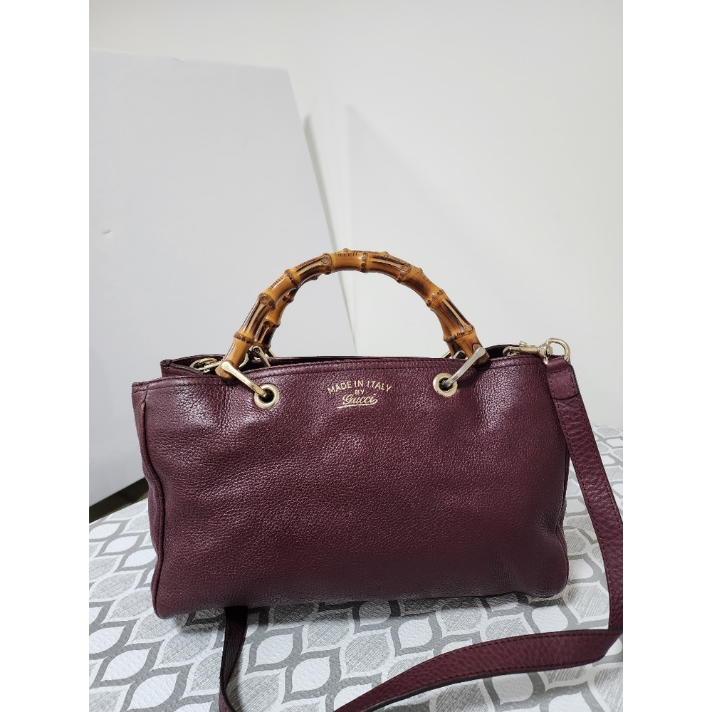 GUCCI Pebbled Leather Medium Bamboo Shopping Tote Bag Burgundy